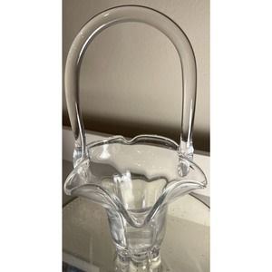 vintage small clear glass basket with scalloped edges and handle